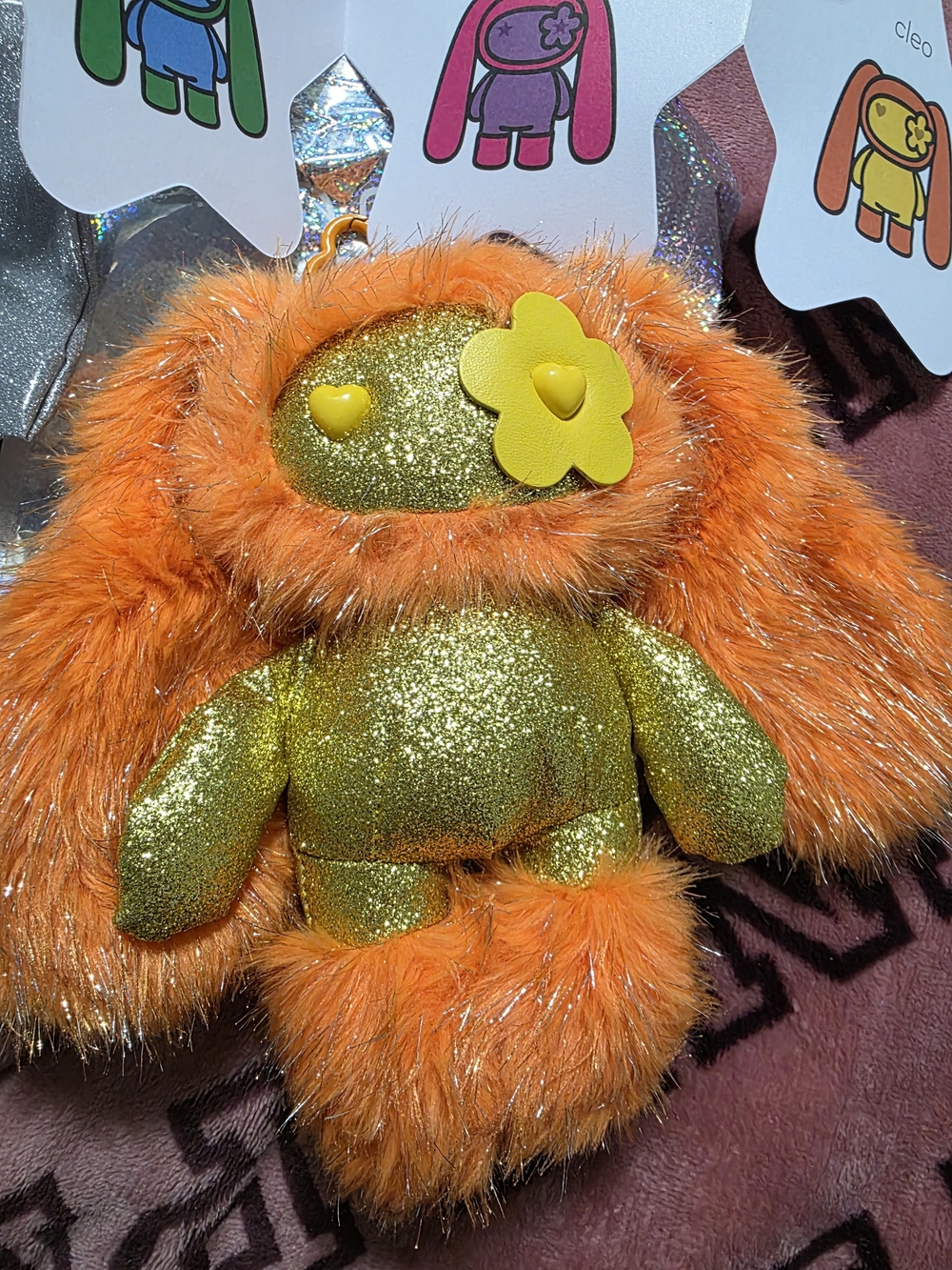 JuJu Orange Glitter Bunny Plush Keychain with Yellow Flower
